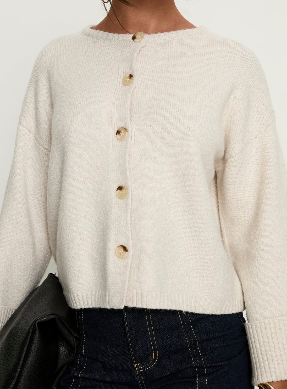 back view of model wearing Princess Polly Shinead Cuffed Knit Cardigan White Cropped Jumpers Jumpers 