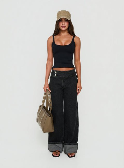 Introducing the Nikoletta Foldover Jeans Washed Black with high-rise wide-leg fit front view of model wearing Princess Polly