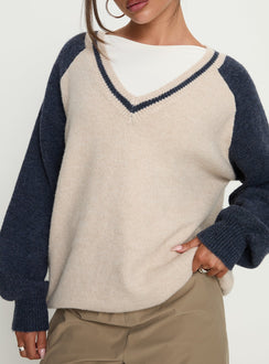 front view of model wearing Princess Polly Adana V Neck Graphic Knit Sweater Multi Longline Jumpers Jumpers 