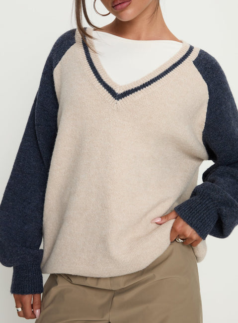 front view of model wearing Princess Polly Adana V Neck Graphic Knit Sweater Multi Longline Jumpers Jumpers 