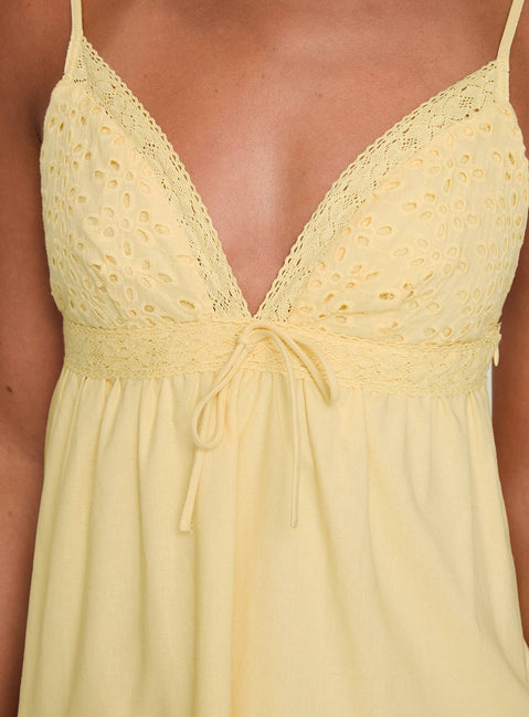 back view of model wearing Princess Polly Nicoletta Mini Dress Lemon Plunger 