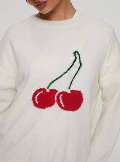Designed with Cherry Dreams Knit Jumper Cream womens jumpers graphic detail long length Princess Polly
