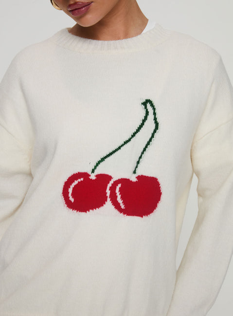 Designed with Cherry Dreams Knit Jumper Cream womens jumpers graphic detail long length Princess Polly