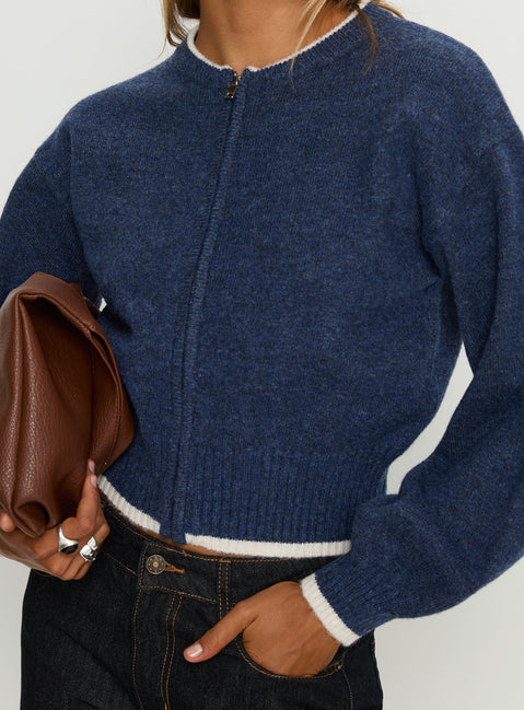back view of model wearing Princess Polly Amandi Zip Through Knit Jumper Navy / Cream Cropped Jumpers Jumpers 