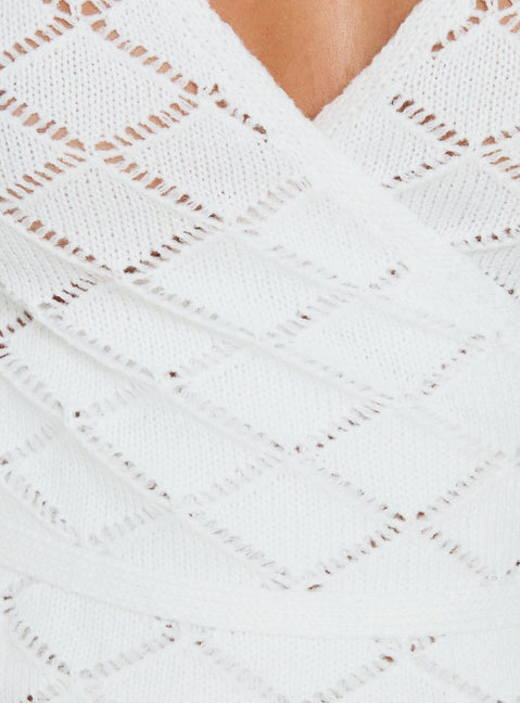 Crafted with geometric patterned Lesla Crochet Wrap Cardigan White womens-jumpers with v-neck and oversized fit detail Princess Polly