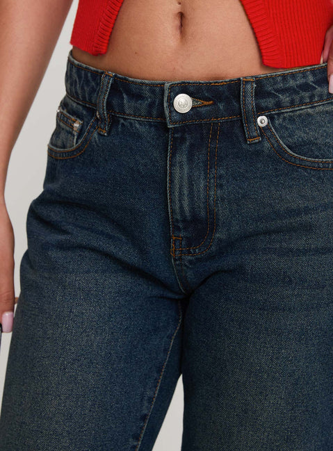 back view of model wearing Princess Polly Cybele Mid Rise Straight Leg Jeans Dark Denim Mid Rise Jeans Jeans 