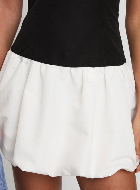 back view of model wearing Princess Polly Delicacies Bubble Hem Mini Dress Black / White Straight Neck 