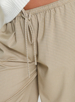 back view of model wearing Princess Polly Ketrina Tie Waist Pants Beige Plaid Mid Rise Pants Pants 