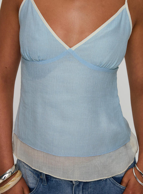 back view of model wearing Princess Polly Majorie Layered Top Blue / Cream Sleeveless V-Neck 