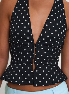 back view of model wearing Princess Polly Pleasing Top Polka Dot Sleeveless Plunger 