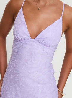 front view of model wearing Princess Polly Cyrene Maxi Dress Lilac Plunger 