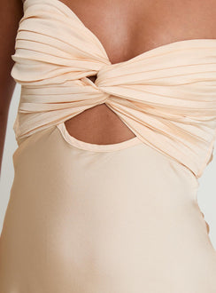 back view of model wearing Princess Polly Stand A Chance Twist Detail Maxi Dress Champagne Sweetheart Neckline 