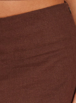 Detail view of Such Delight Linen Midi Skirt Chocolate womens-skirts showing texture Princess Polly