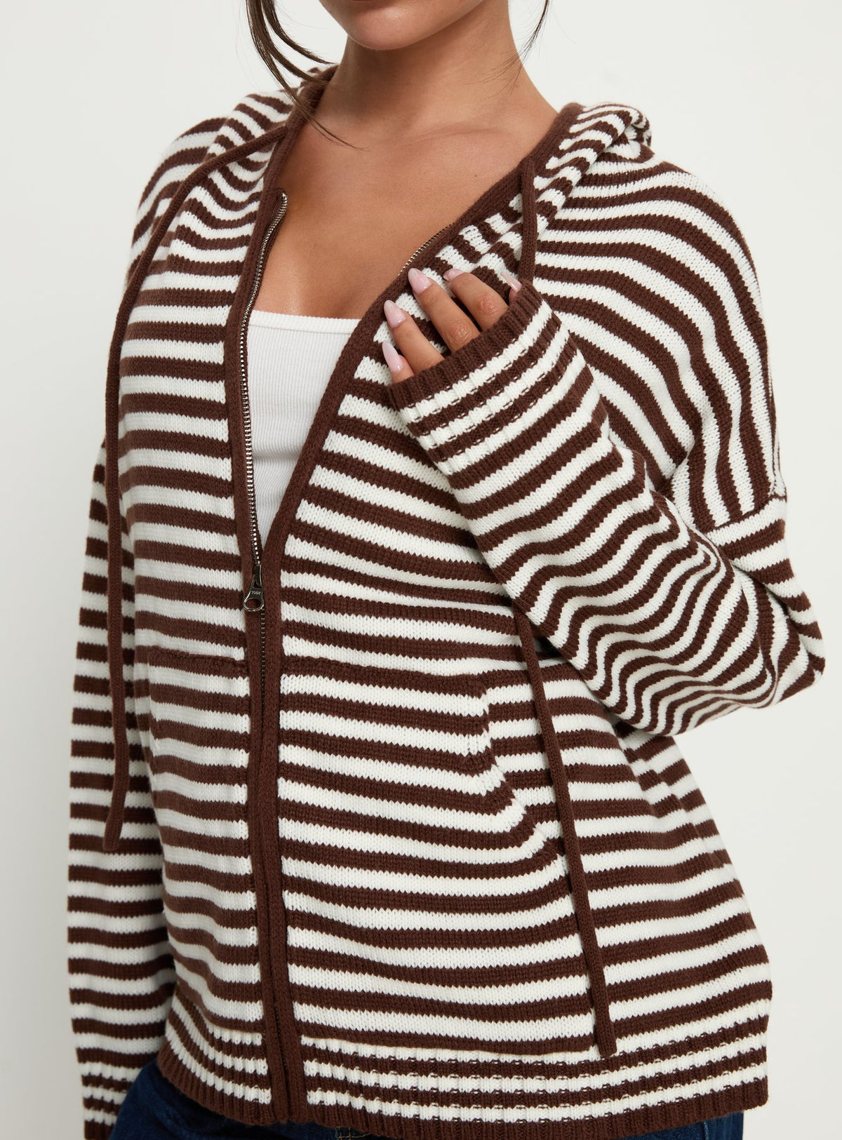 back view of model wearing Princess Polly Brienna Zip Jacket Brown Jumpers 