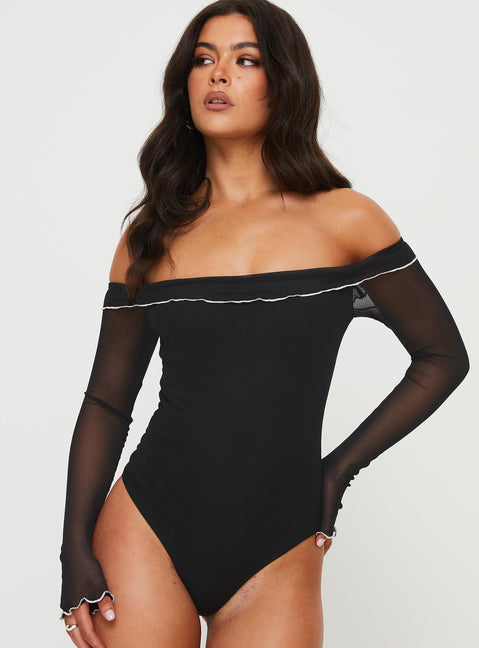 front view of model wearing Princess Polly Arsema Off The Shoulder Bodysuit Black Long Sleeve Tops Bodysuit 