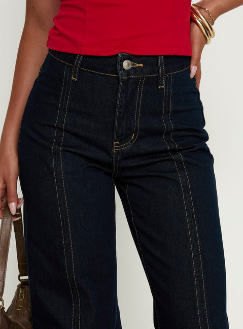 back view of model wearing Princess Polly Cadance High Rise Straight Leg Jeans Indigo High Rise Jeans Jeans 