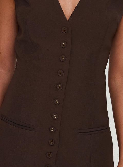 back view of model wearing Princess Polly Laire Mini Dress Chocolate V-Neck 