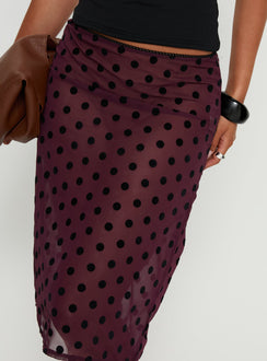 back view of model wearing Princess Polly Evani Sheer Chiffon Midi Skirt Polka Maroon Midi Skirts Skirts 