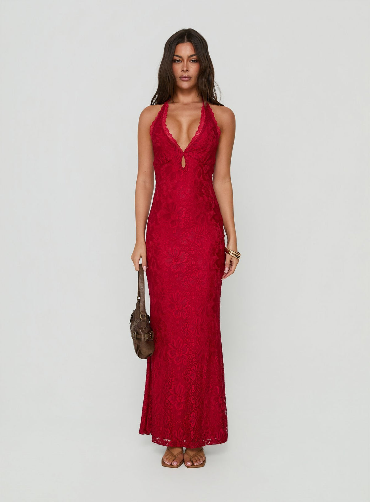 Kalaia Lace Halter Maxi Dress Red