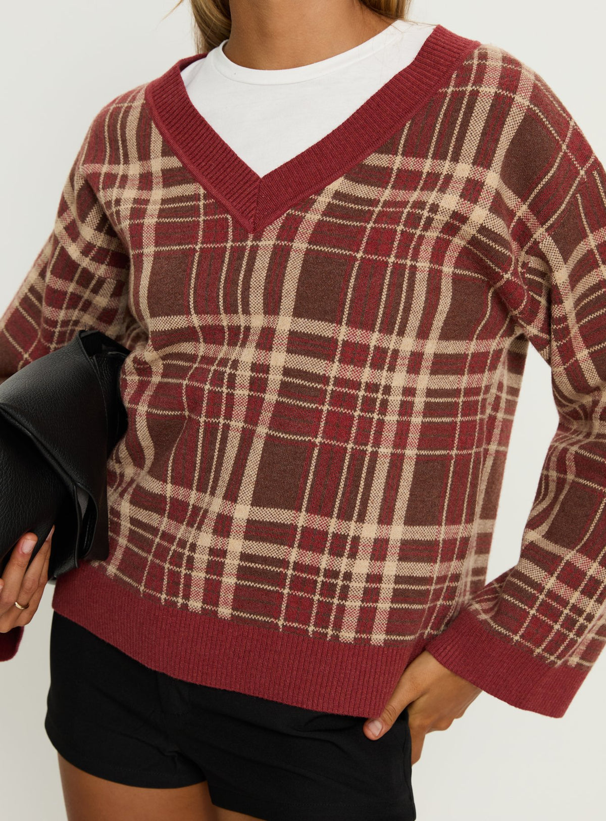 back view of model wearing Princess Polly Sydda V Neck Knit Sweater Red Plaid Cropped Jumpers Jumpers 