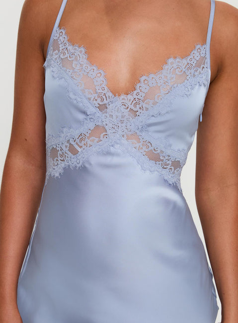 back view of model wearing Princess Polly Treasure Bias Cut Maxi Dress Blue V-Neck 