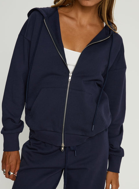 front view of model wearing Princess Polly All Day Oversized Hoodie Navy cropped Jumpers 