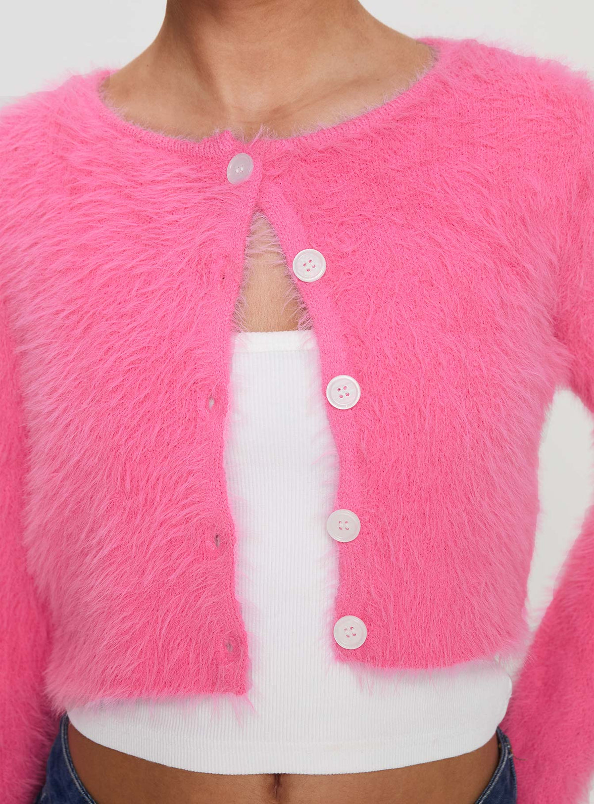 back view of model wearing Princess Polly Just A Girl Cardigan Pink cropped Jumpers 
