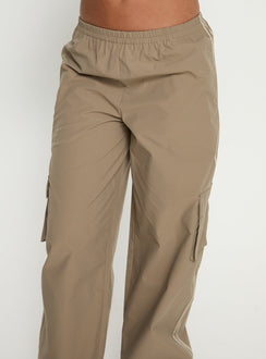 side view of model wearing Princess Polly Ellyn Baggy Cargo Pants Khaki Mid Rise Pants Pants 