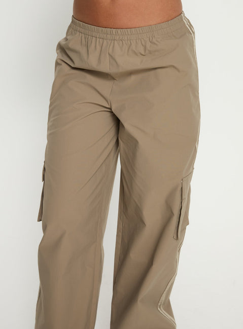side view of model wearing Princess Polly Ellyn Baggy Cargo Pants Khaki Mid Rise Pants Pants 