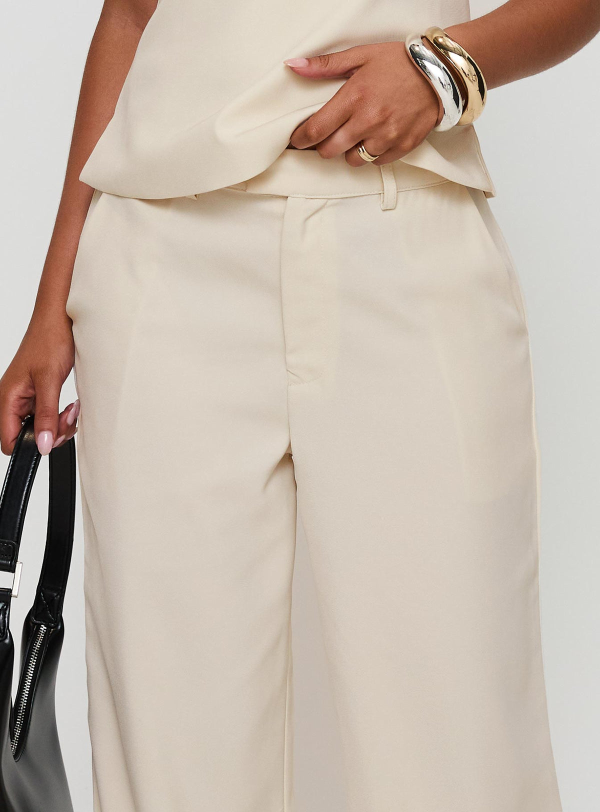 front view of model wearing Princess Polly Irresistible Wide Leg Pant Cream High Rise Pants Pants 