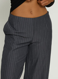 front view of model wearing Princess Polly Khane Low Rise Wide Leg Pant Charcoal Pinstripe Mid Rise Pants Pants 