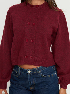 front view of model wearing Princess Polly Kammi Button Up Cardigan Red cropped Jumpers 
