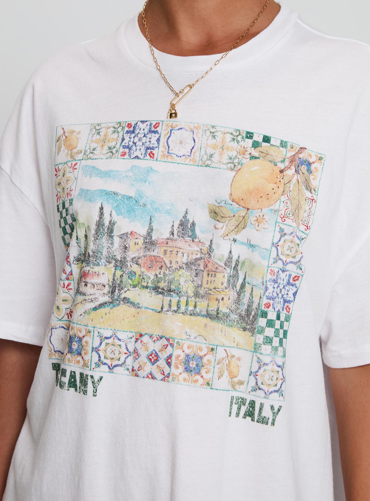 back view of model wearing Princess Polly Love From Tuscany Oversized Graphic Top White Half Sleeves Crew Neck 