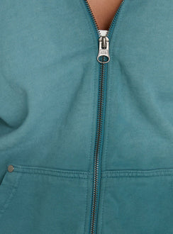 Discover the AT Zip Through Oversized Hoodie in Washed Teal womens-jumpers with short length detail view of model wearing Princess Polly