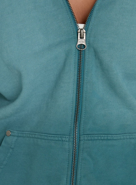 Discover the AT Zip Through Oversized Hoodie in Washed Teal womens-jumpers with short length detail view of model wearing Princess Polly