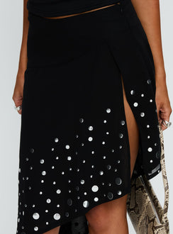 back view of model wearing Princess Polly Jezabela Asymmetrical Stud Midi Skirt Black Skirts 