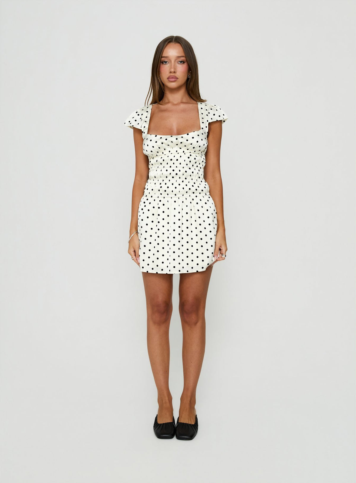 Evangelie Ruched Mini Dress White Polka
