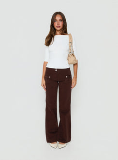 Styled Vanla Trouser Brown womens-regular-pants in high-rise waist and wide-leg fit front view of model wearing Princess Polly