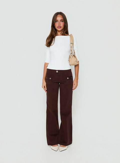 Styled Vanla Trouser Brown womens-regular-pants in high-rise waist and wide-leg fit front view of model wearing Princess Polly