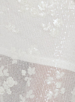 Heart Stealer Sheer Sequin Midi Skirt in White highlighting fitted a-line details and frayed hem Princess Polly