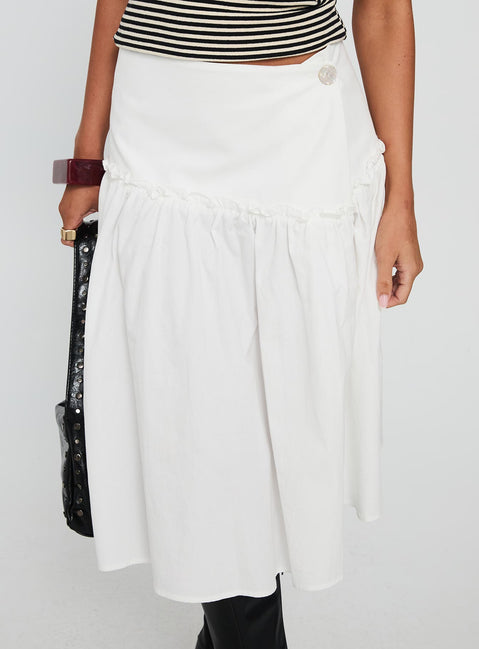   front view of model wearing Princess Polly Jonsie Tiered Frill Midi Skirt White Midi Skirts Skirts 