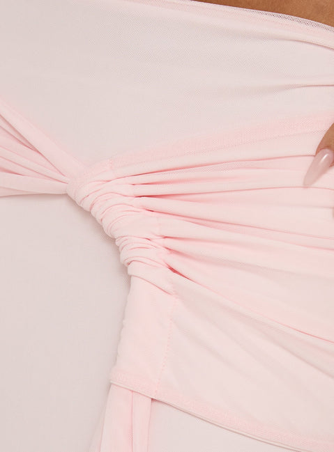 Designed with the Isador Ruched Maxi Skirt Pink in womens-skirts featuring fitted a-line shape and solid light pink tone product Princess Polly