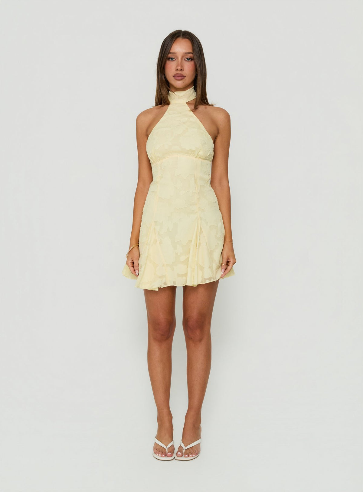 Bellanca Halter Pleat Mini Dress Butter Yellow Burnout