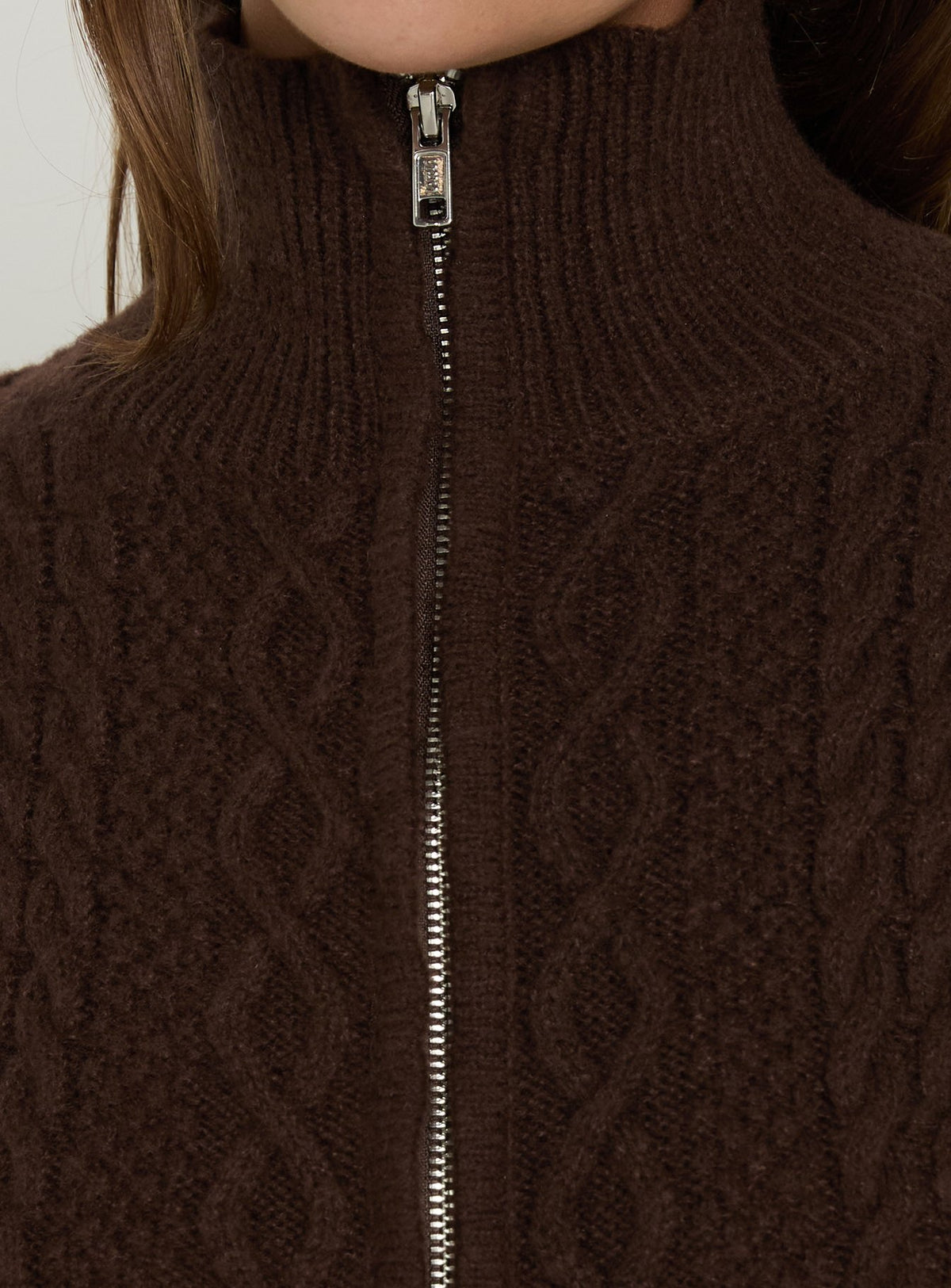 Arletta Cable Knit Zip Through Sweater Brown