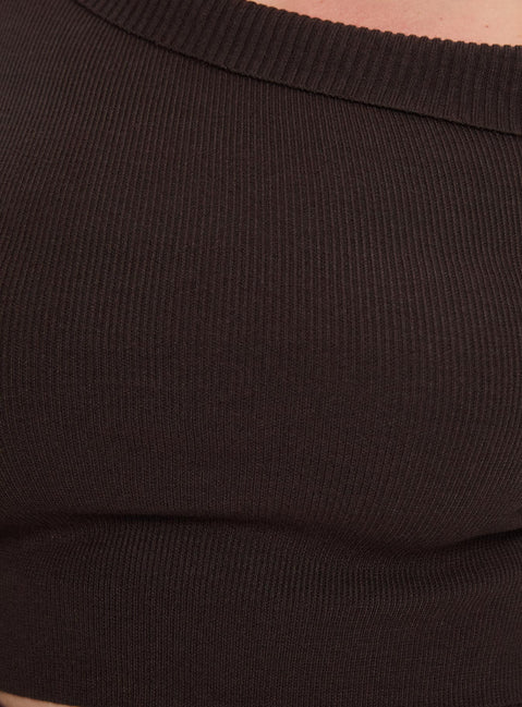 product Princess Polly Sina Off The Shoulder Top Chocolate Curve Cropped Jumpers Jumpers 