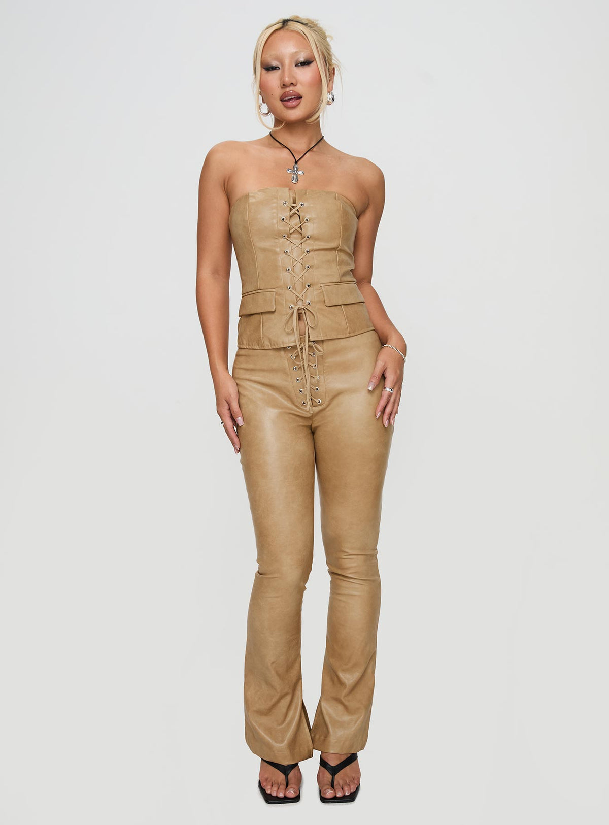 front view of model wearing Princess Polly Roddie Lace Up Pants Brown Low Rise Pants Pants 
