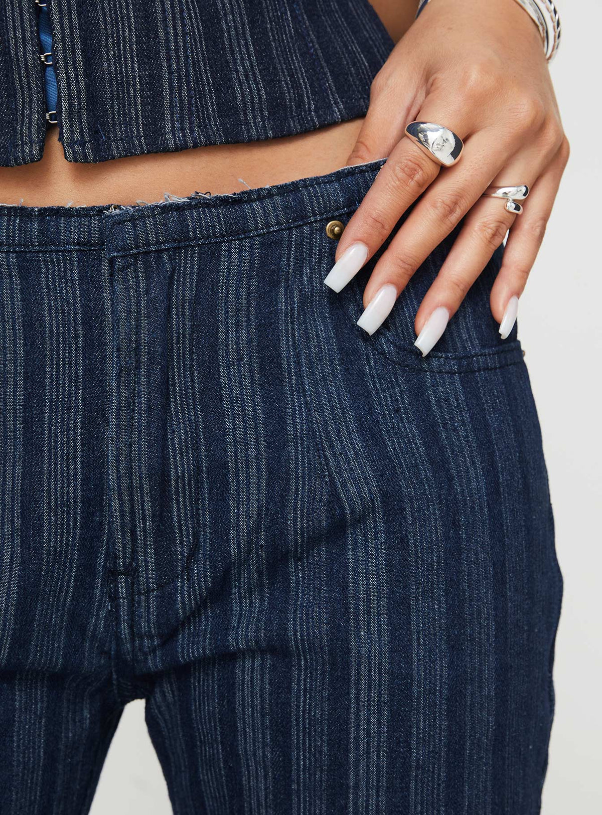 product Princess Polly Charismatic Low Rise Flared Jeans Dark Pinstripe Low Rise Jeans Jeans 
