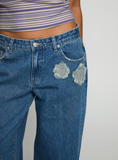 product Princess Polly A Keeper Flower Patch Low Rise Wide Leg Jeans Mid Blue Low Rise Jeans Jeans 