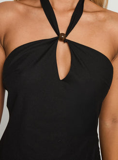 back view of model wearing Princess Polly Loleila Halter Mini Dress Black Asymmetric Neckline 