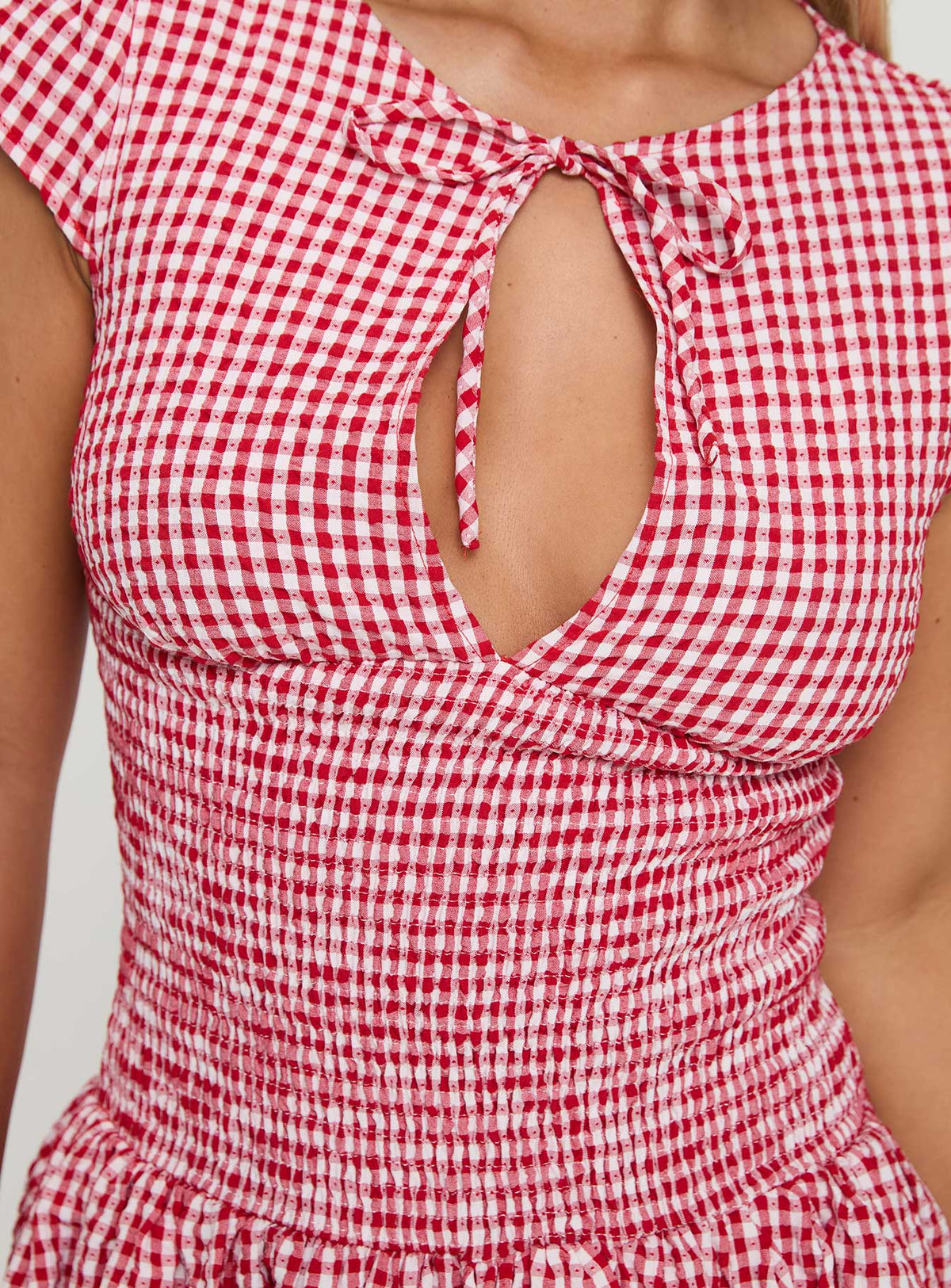 back view of model wearing Princess Polly Ladybug Gingham Mini Dress Red Petite Crew Neck 